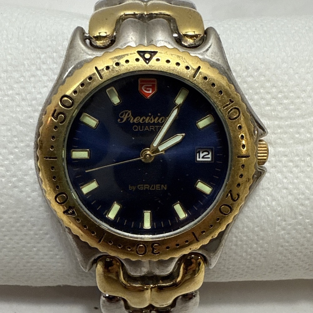 Vintage Gruen Precision Men's Watch Two Tone‎ Gold Silver-Blue Face-Not Tested